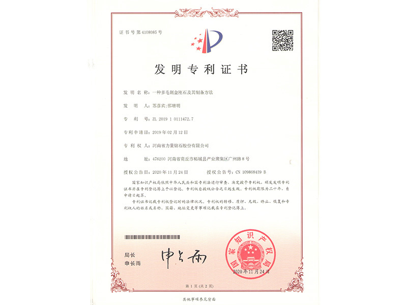 Chứng chỉ bằng sáng chế - Một loại kim cương có nhiều gai và phương pháp chế tạo